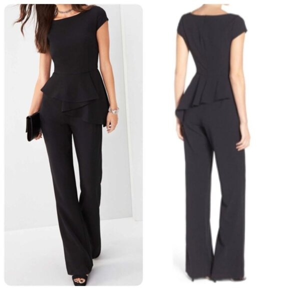 Eliza J Cap Sleeve Ruffled Peplum Waist Crepe Wide Leg Jumpsuit SIZE 6 Black - Picture 2 of 9